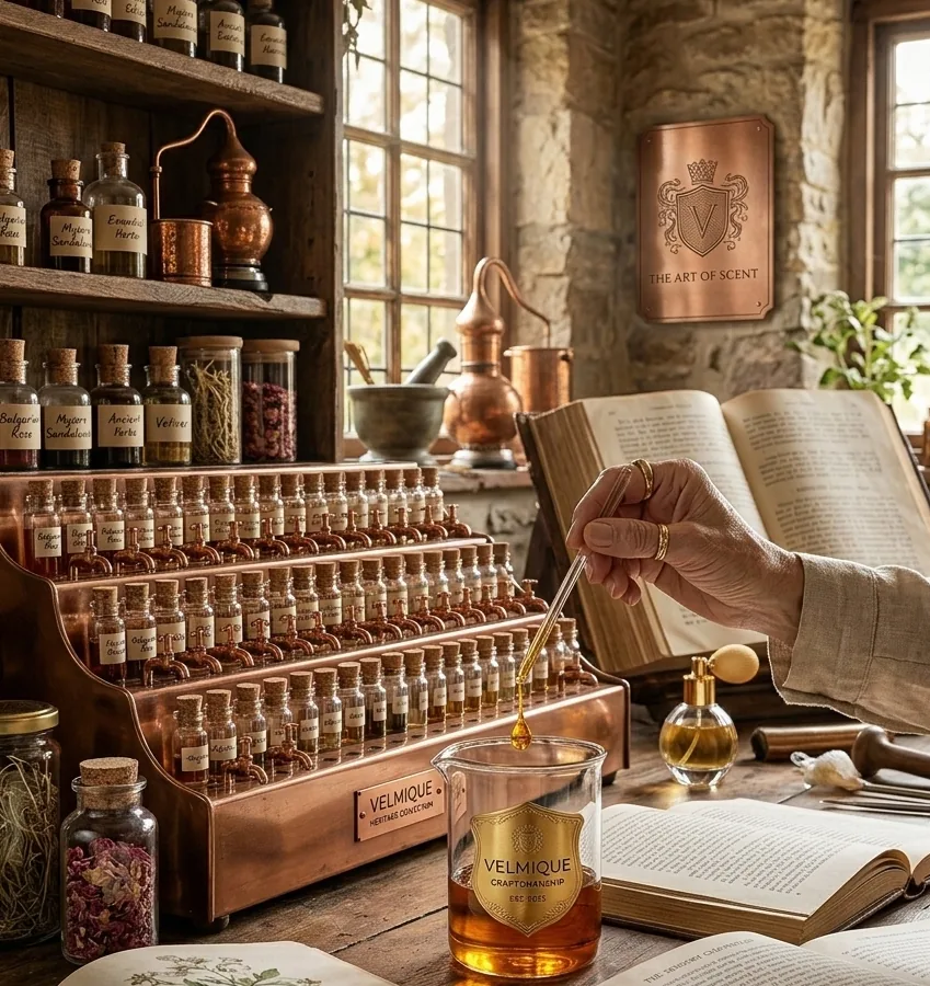 Velmique perfume bottles on display